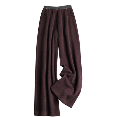 东方贵女绛紫色毛呢裤子女阔腿裤