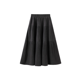 星期六 高腰压褶风琴长裙女2025冬季新款中长款半身裙A字蛋糕裙子