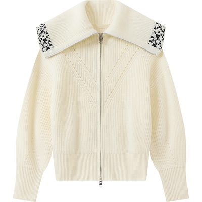 播紫色镂空设计羊毛拉链针织开衫女冬季软糯上衣DDS4UD5141