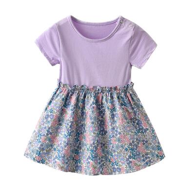 小女孩夏季短袖紫色碎花连衣裙