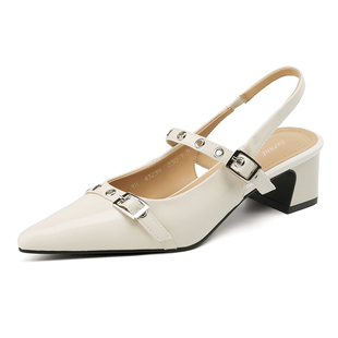 达芙妮包头凉鞋女款2026新款尖头高跟鞋女粗跟黑色小皮鞋女款单鞋