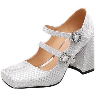 法式绝美粗跟单鞋女秋季新款气质银色方头浅口玛丽珍超高跟鞋