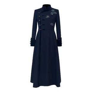 浒城古娘新款羊毛刺绣立领黑色长袖新中式国风战袍连衣裙女款春秋