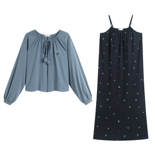 妮狄娅睡衣睡裙女春季柔软棉碎花吊带裙特色两件套春秋家居服套装