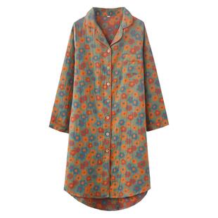 复古风印花睡裙女春秋季色织纯棉纱布双层薄款宽松长袖家居服睡衣