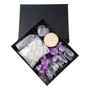 天然水晶原石六棱柱子摆件紫水晶花水晶碎石爱心桃心矿标礼盒