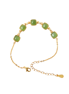 天然俄罗斯碧玉冰阳绿蛋面纯银镶嵌款手链 女款时尚款玉石饰品