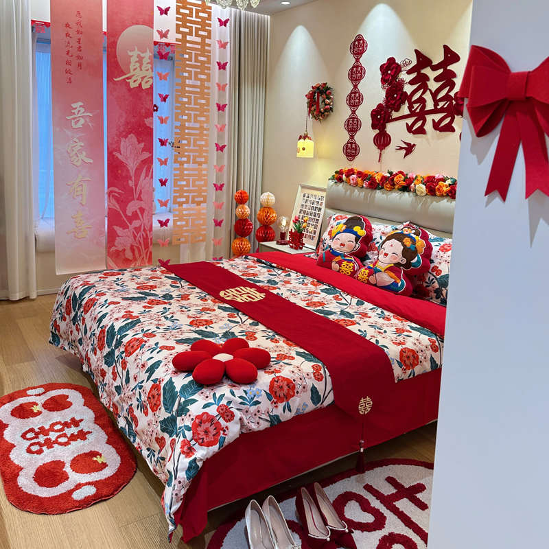 中式结婚四件套大红色新婚床单被套纯棉婚庆床上用品婚房陪嫁喜被