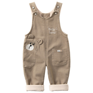 婴幼儿加绒背带裤秋冬男女宝小童可开裆小熊纯棉裤子加厚保暖外穿