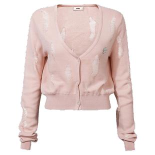 GUUKAHERO粉色短款毛衣女多巴胺 甜美淑女破洞开衫针织上衣外套秋