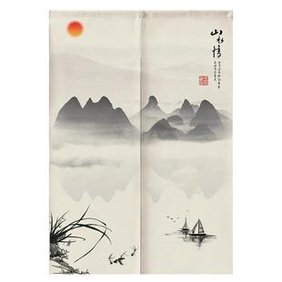 中式山水画门帘风水隔断帘布艺家用卫生间书房卧室挂帘半帘免打孔