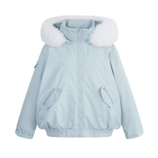 YUZI鱼子甜酷短款派克服外套细闪大毛领蓝色宽松加厚棉服大码女装
