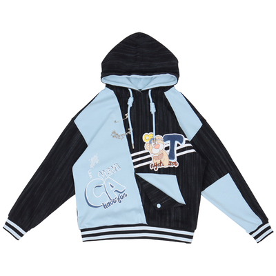 蓝黑双袋鼠兜连帽套头中长款卫衣