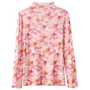 旺秋100桑蚕丝半高领T恤衫女夏季薄款双层网眼真丝上衣网纱印花衫