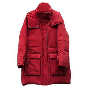 95大朵白鹅绒进口面料红色棉布连帽大口袋加厚羽绒服