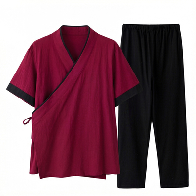 夏季男士改良右衽棉麻汉服套装