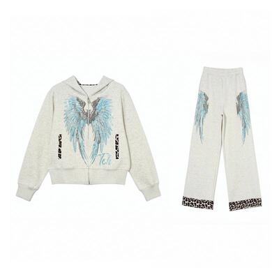 TCH烫钻翅膀连帽外套女拼接阔腿裤套装2026春季新款T78A07E1052