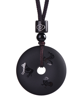 黑曜石平安扣吊坠三合生肖挂件