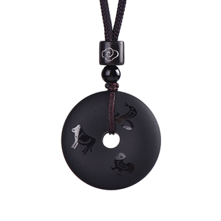 黑曜石平安扣吊坠十二生肖三合挂件鼠兔虎马狗蛇鸡牛保平安钥匙扣