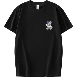 重磅纯棉白色t恤男士短袖小熊圆领上衣服液氨长绒棉宽松全棉半袖