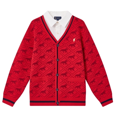 【新年款】POLOWALK童装男童针织衫2026菱格假两件本命年红色毛衣