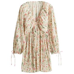 HM女装连衣裙春季小碎花连衣裙v领收腰法式长袖印花长裙1265348