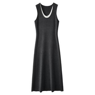 南油连衣裙棕色羊毛拼色假两件针织背心裙女新款内搭黑色背心长裙