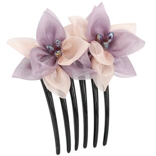 韩国头饰女绢纱花朵发卡发插优雅六齿盘发丸子头插梳古风防滑发叉