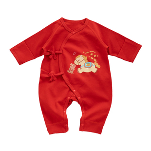 马宝宝秋冬款连体衣新生婴儿满月百天衣服套装过年服红色打底爬服