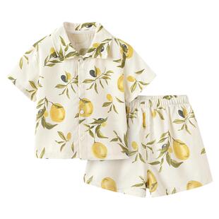 babylove宝宝家居服套装夏季薄款竹棉山茶纱布透气短袖短裤两件套