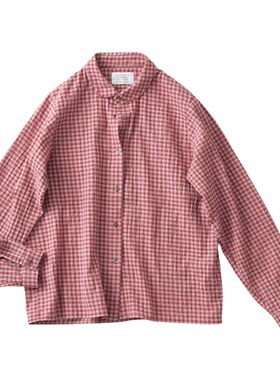 棉混格子衬衫休闲学院风红白格