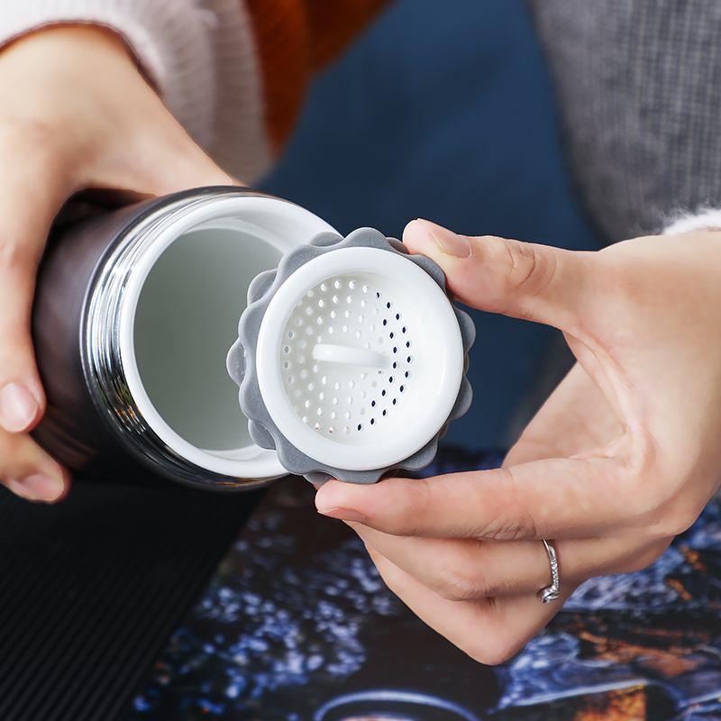 新款男女士400ml商务保温杯骨瓷内胆 便携车载办公室陶瓷简约水杯