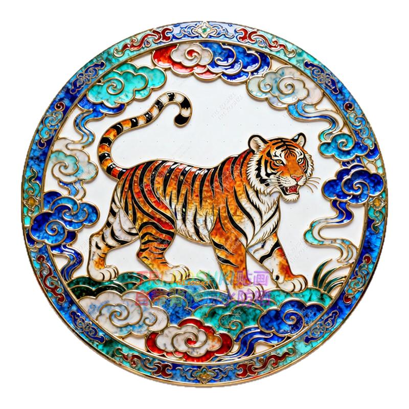 老虎猛虎圆形贴纸景泰蓝花边贴画玄关客厅走廊过道木门装饰自粘贴