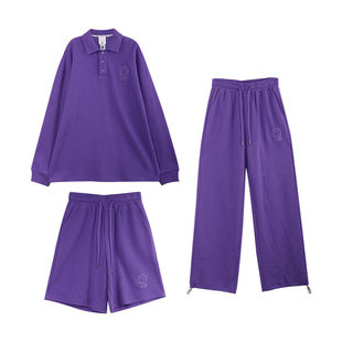 OD 经典复古华夫格套装女POLO领长袖宽松百搭休闲长裤短裤三件套