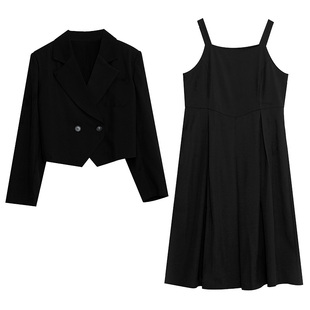 胖莹莹大码女装2026春款胖MM复古通勤200斤气质短西服吊带裙套装