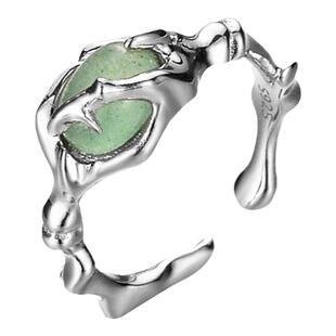 国潮新中式竹节戒指绿东陵玉S925纯银女戒指小众设计鳞片简约尾戒