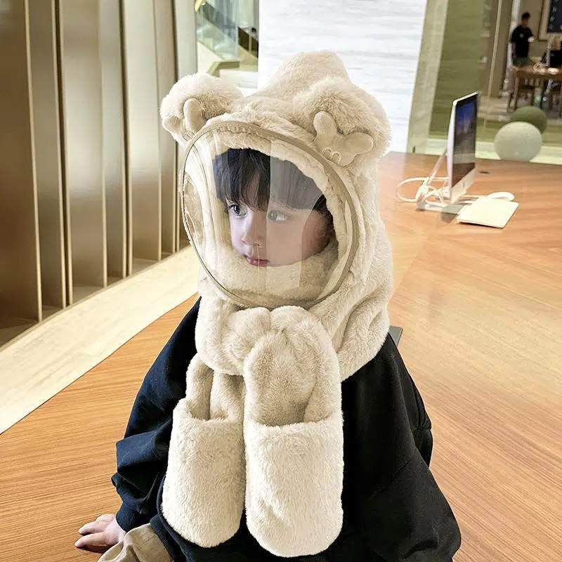 宝宝帽子冬骑行保暖毛绒帽男女童防护面罩儿童围巾手套一体帽防风