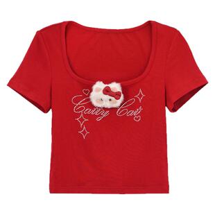 森女部落甜美风猫咪红色显白方领修身显瘦夏季新款短袖上衣T恤女
