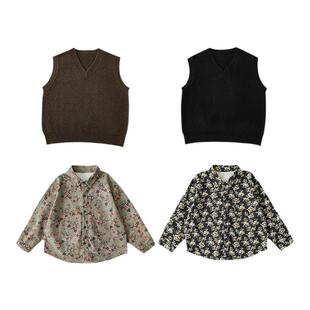 幼悠 男童简约亲子装针织开衫马甲秋装V领复古翻领衬衫儿童两件套