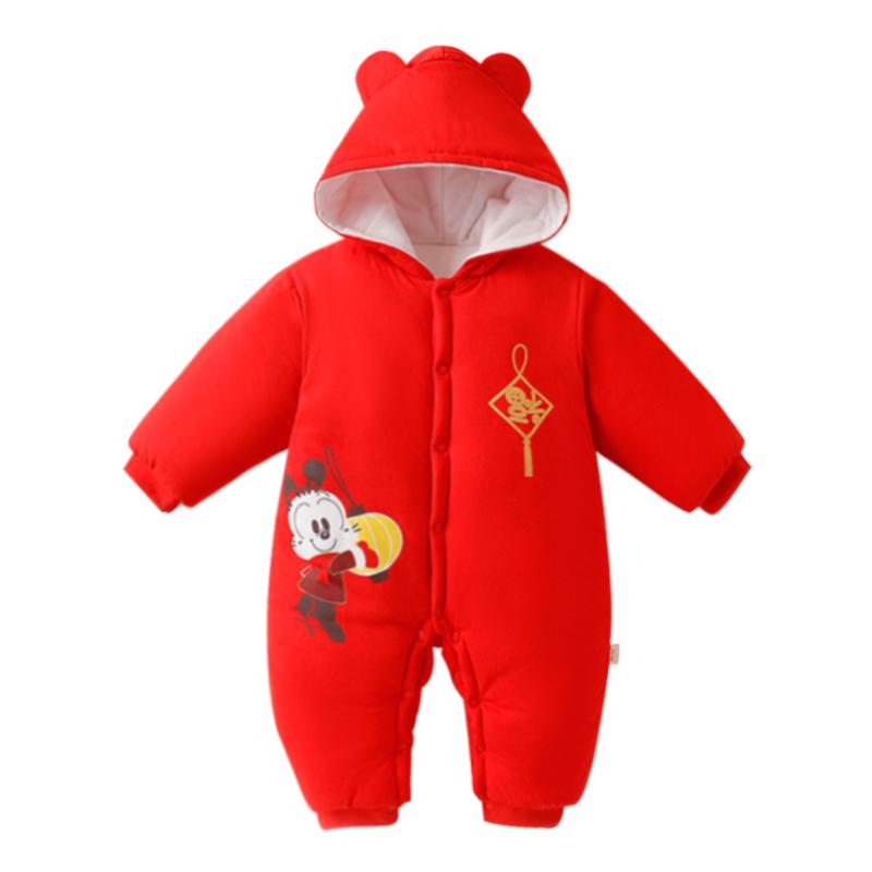 巴布豆红色婴幼儿过年喜庆衣服新生宝宝冬季连体衣拜年服秋冬装