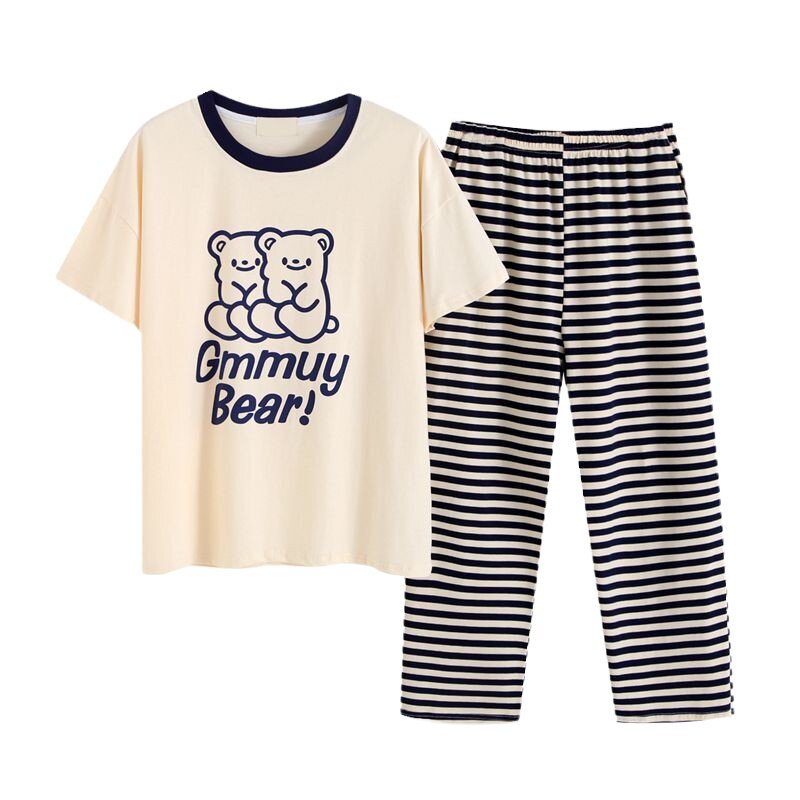 HEARMES 可爱卡通小熊条纹睡衣女春夏季短袖长裤纯棉可外穿家居服