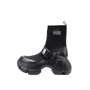 狂野分子厚底针织袜靴女2025年春秋增高瘦瘦靴休闲黑色弹力短靴子