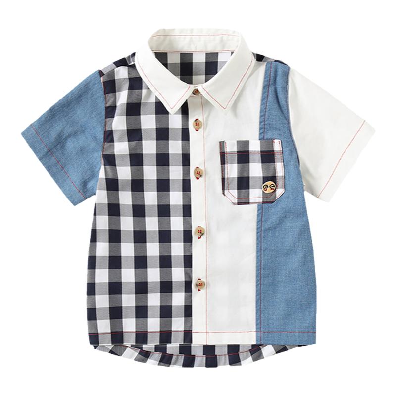 clanc韩版潮牌2024夏新款男童时尚格子满印纯棉休闲舒适短袖衬衫