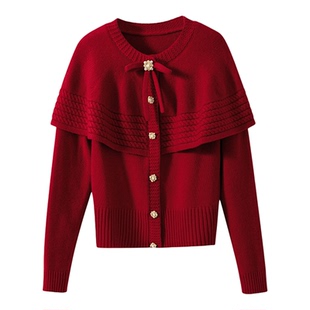 【红气养人】1OO%羊毛 复古风十字珍珠钻扣法式斗篷针织开衫毛衣