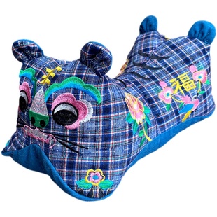 传统民间工艺刺绣花开富贵虎头枕头布老虎拉链祈福土布绣花老虎枕