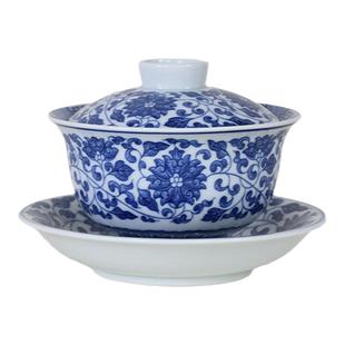 景德镇青花缠枝莲元宝盖碗大号三才盖碗泡茶碗防烫功夫茶具