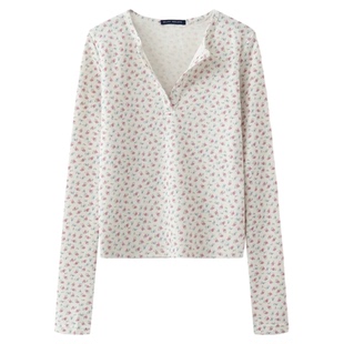 BM2025早秋碎花打底衫 修身上衣内搭外穿扣子华夫格绝美长袖T恤