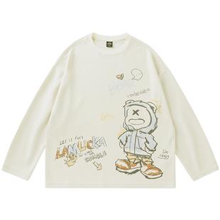 LAMLICKA美式复古印花长袖T恤男秋冬休闲宽松潮牌圆领情侣上衣女