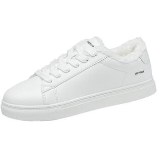 达芙妮加绒小白鞋女款2025新款秋冬加厚毛毛棉鞋运动白色平底板鞋