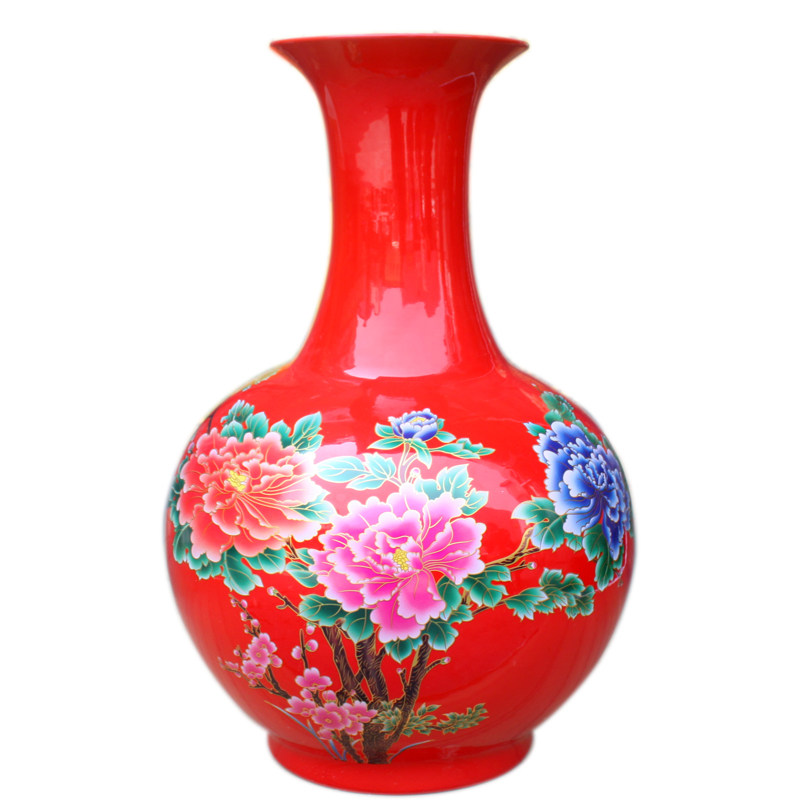 大号花瓶摆件景德镇陶瓷器中国红客厅插花瓶家居现代装饰牡丹赏瓶
